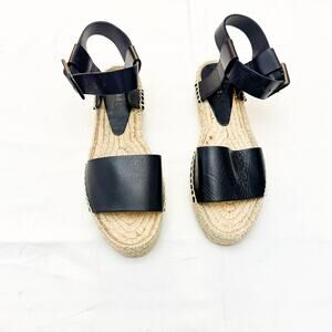 Vince Abby Espadrille Leather Black Sandal Wedge Shoes Size 8